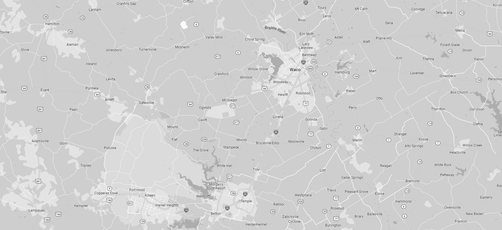Waco, Texas area map background in grayscale.