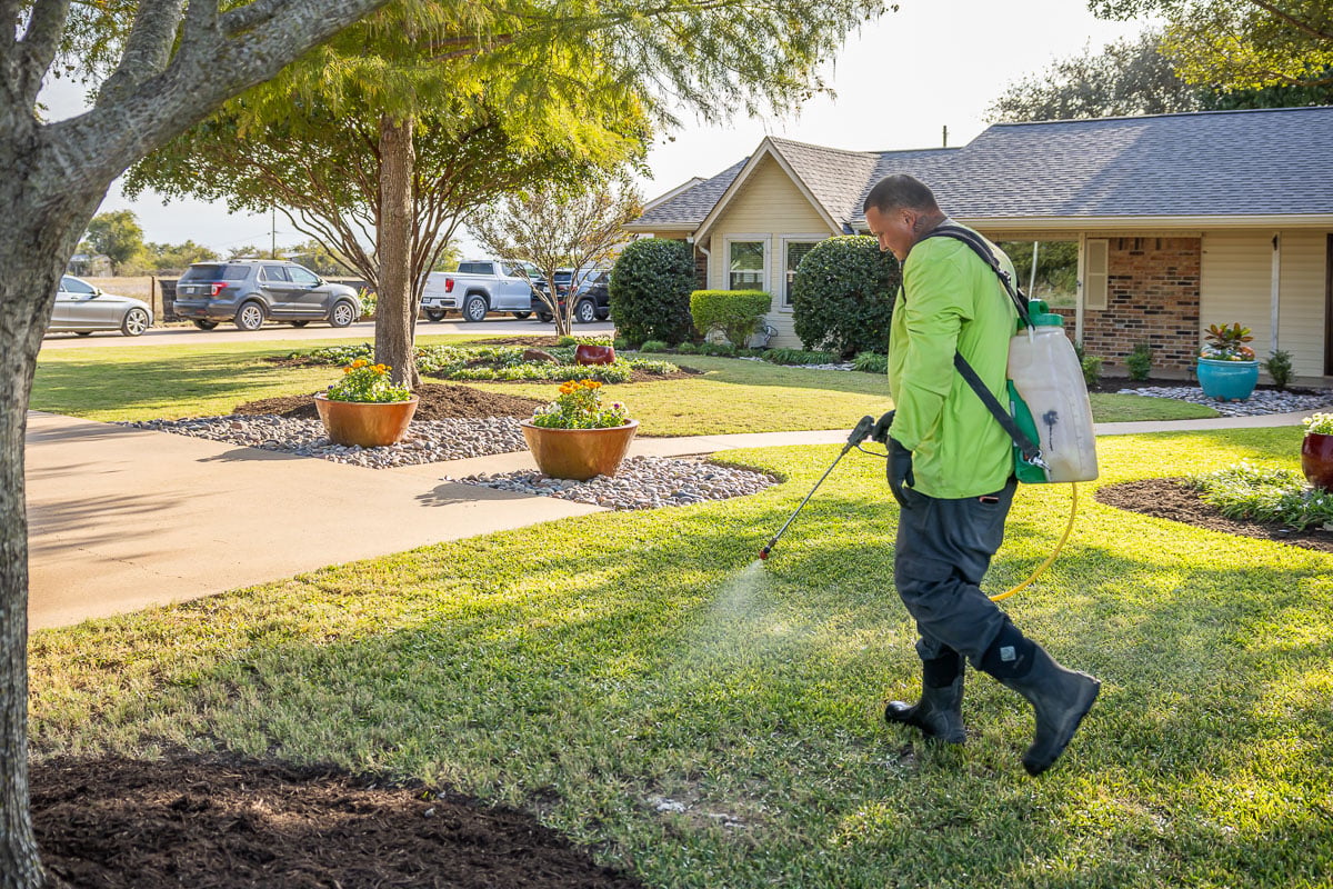 Crew lawn care treatment spraying green lawn 11