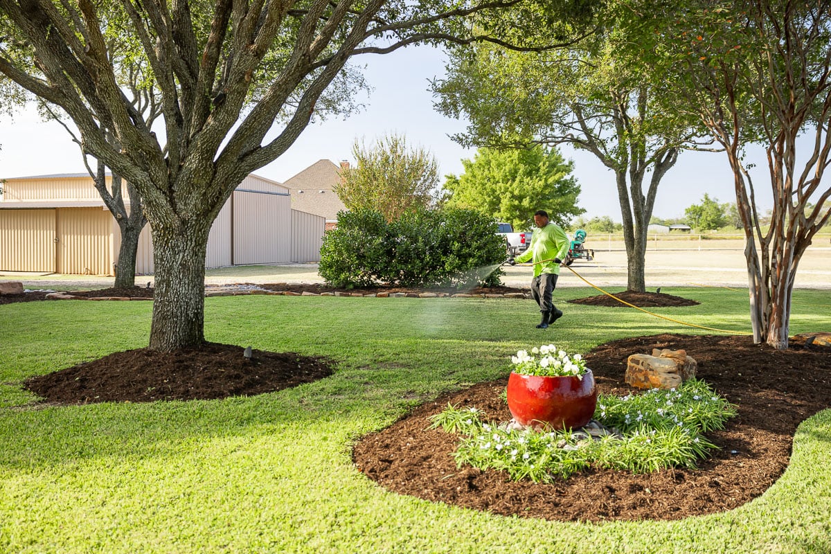 Crew lawn care treatment spraying green lawn 6