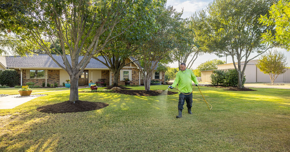 Crew lawn care treatment spraying green lawn 10