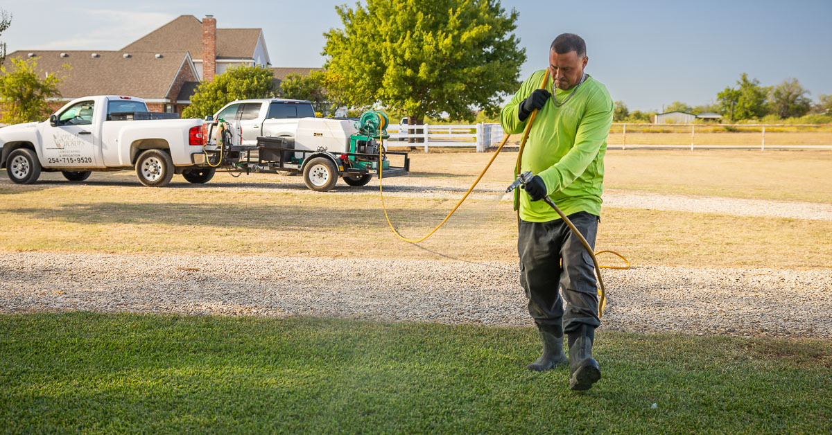 Crew lawn care treatment spraying green lawn