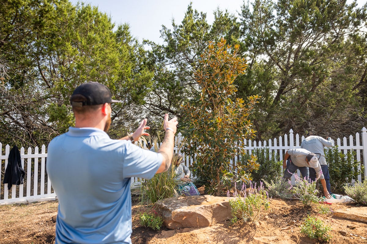 Landscape installation shrubs planted along fence 10