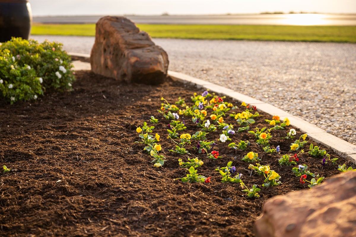 Residential landscape fresh mulch flowers garden bed-1