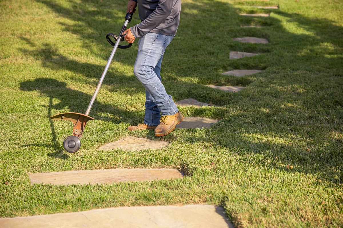 Residential landscape maintenance crew weed wacking  backyard green lawn 7