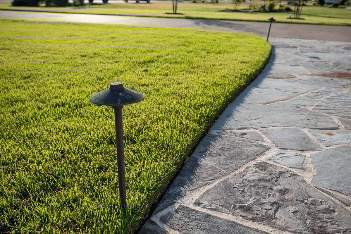 paver sidewalk landscape lighting green lawn 