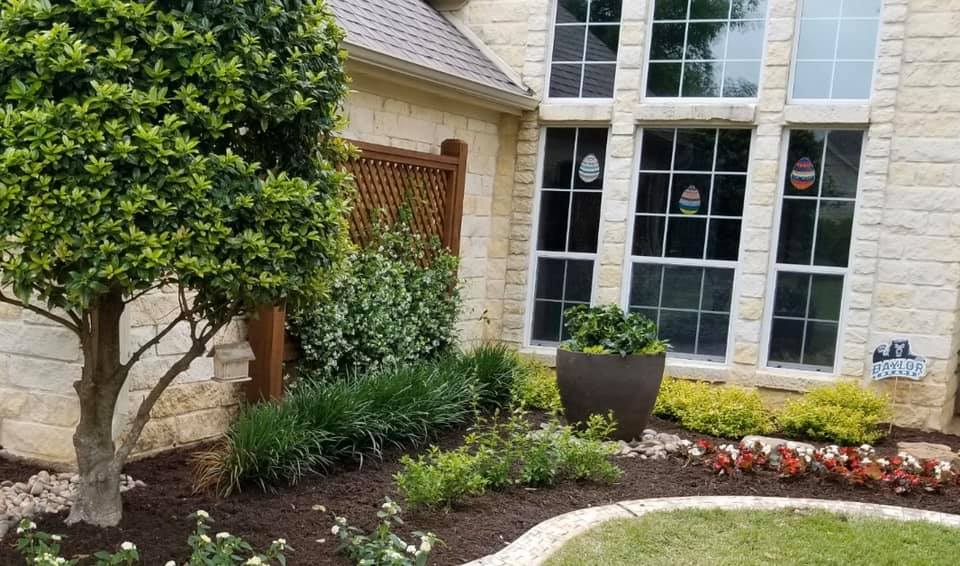 landscape beds front of house fresh mulch 