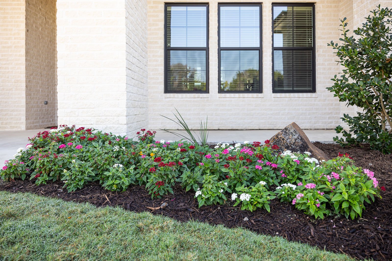front of house landscape beds green lawn flower bed